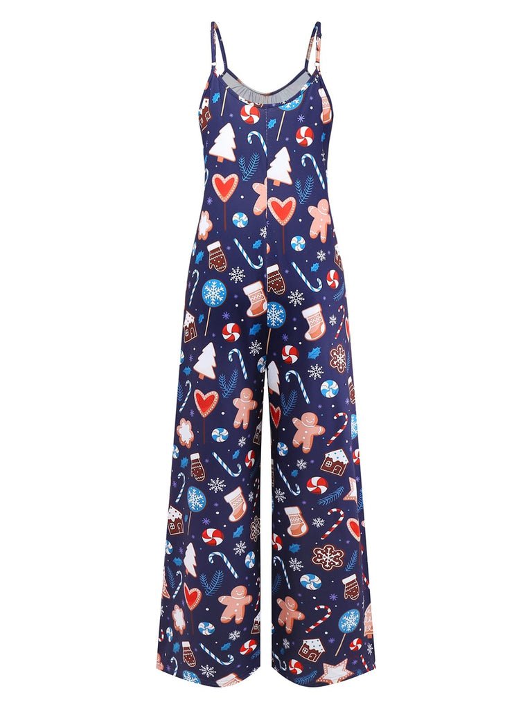 Combinaison à bretelles imprimée d'éléments de Noël bleus des années 1930