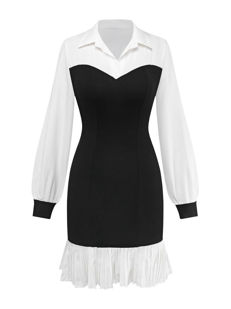 Robe plissée à revers bicolore noir et blanc des années 1960