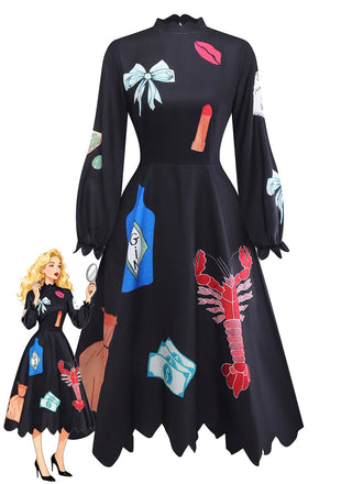 Robe imprimés de homard manga col zigzag manches lanternes noire années 1950