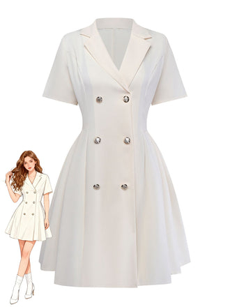 Robe beige plissée  double boutonnage et revers années 1970