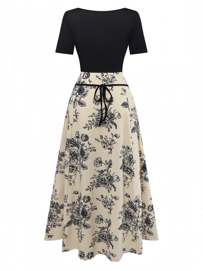 Robe kaki col carré imprimé peinture à l'encre de fleurs années 1970