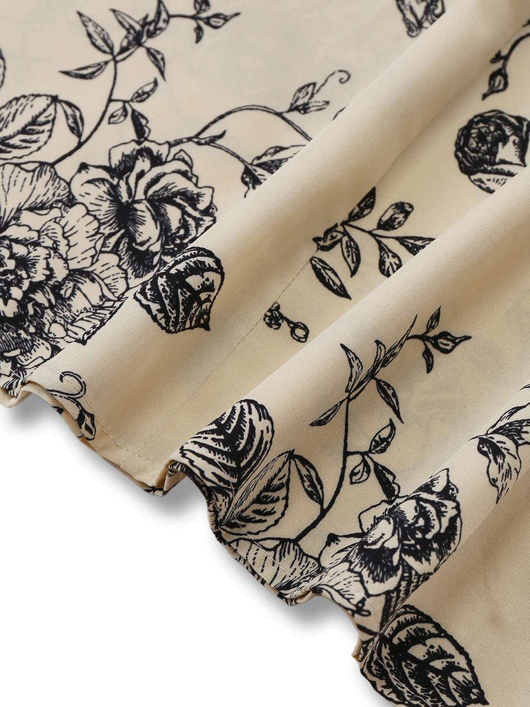 Robe kaki col carré imprimé peinture à l'encre de fleurs années 1970