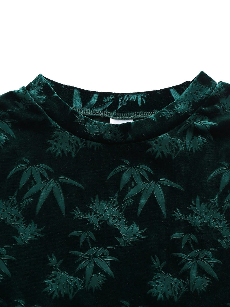 Robe crayon en velours vert jacquard motif bambou des années 1960