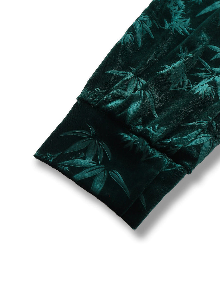 Robe crayon en velours vert jacquard motif bambou des années 1960