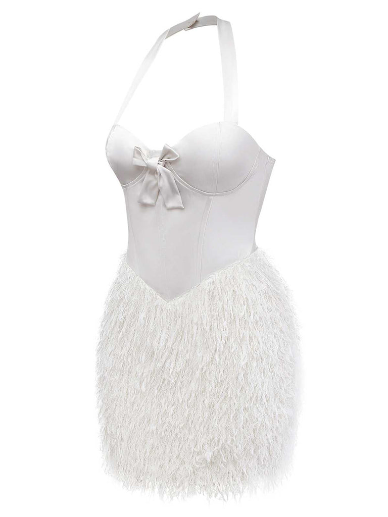 [Prévente] Robe bustier blanche en satin à franges de plumes années 1960