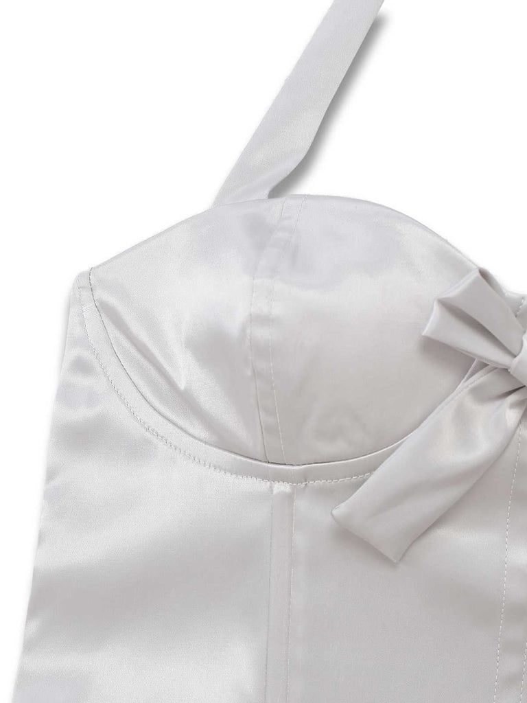 [Prévente] Robe bustier blanche en satin à franges de plumes années 1960