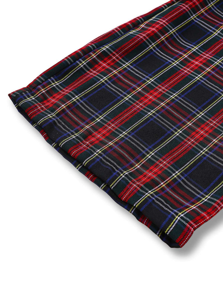 [Pré-vente] Pantalon salopette à volants et nœud noir tissu écossais années 1940