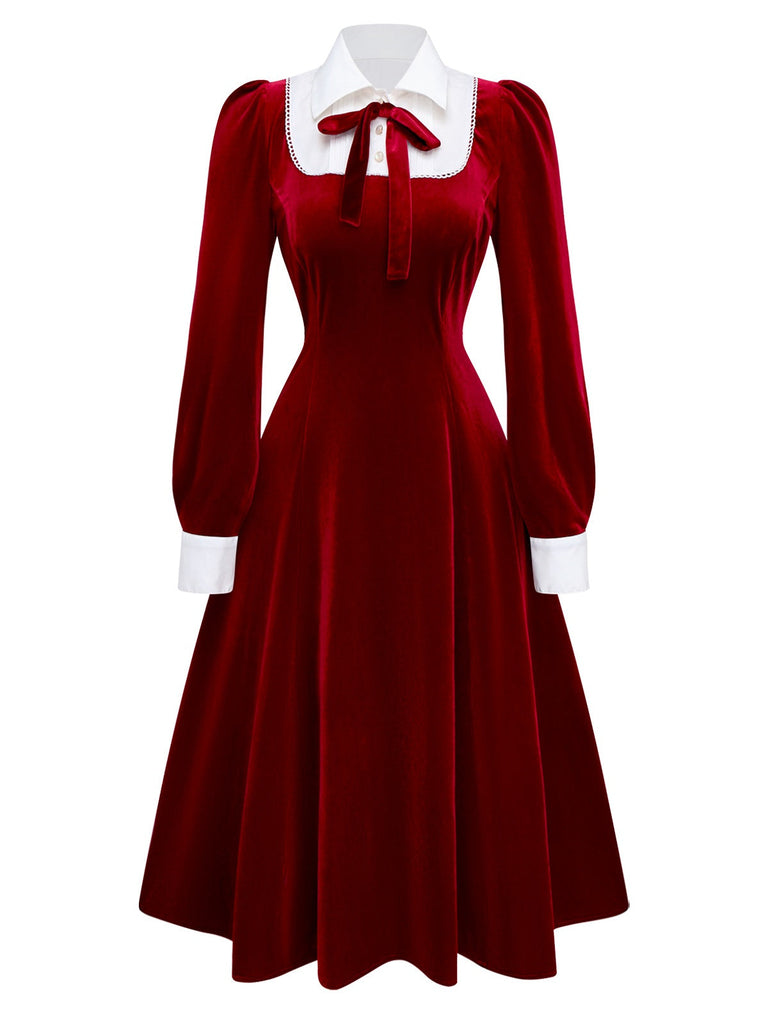 [Prévente] Robe rouge en velours en col chemise et nœud années 40