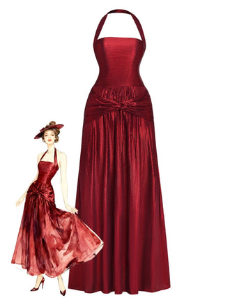 Robe longue scintillante rouge vin dos nu et torsadée années 1930