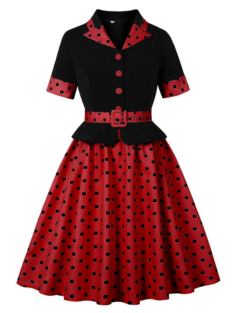 Robe trapèze à ceinture et revers à pois années 1950