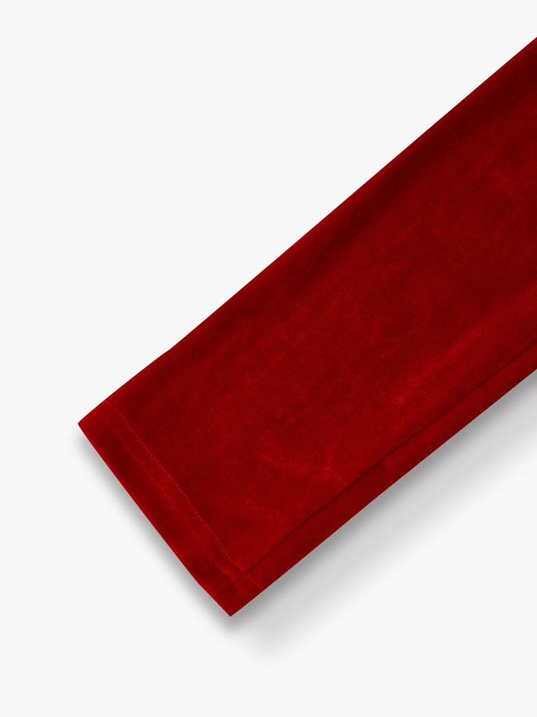 Robe rouge en velours ornée de perles et de tulle froncé avec nœud années 1950