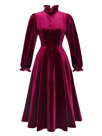Robe rouge en velours à col volanté et manches lanternes années 1950
