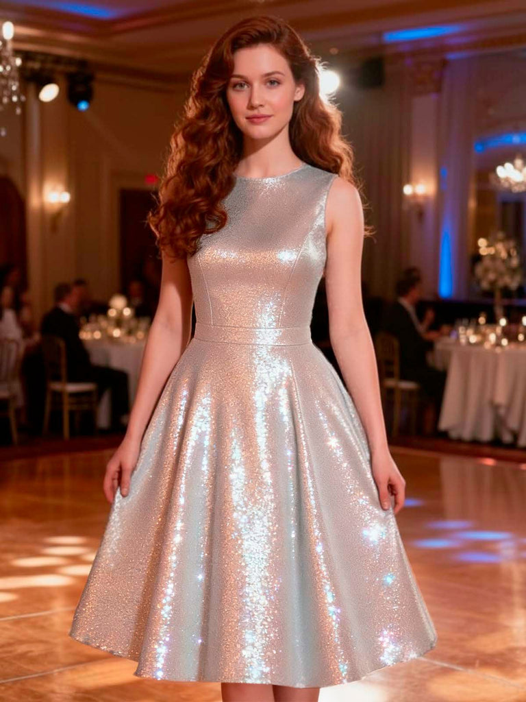 [Pré-vente] Robe trapèze argentée uni à paillettes sans manches des années 1950