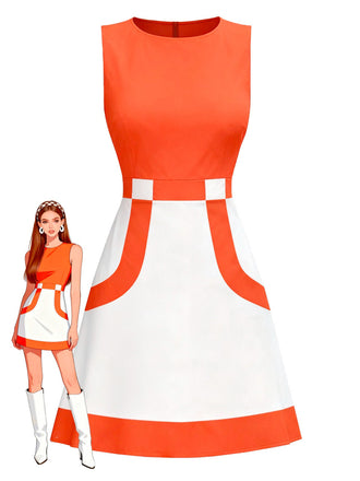 Robe sans manches colorblock orange et blanche des années 1960