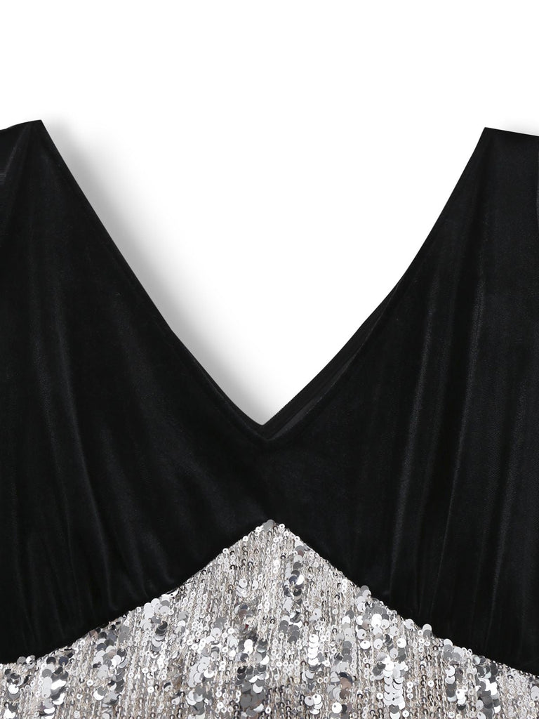 [Prévente] [Grande taille] Robe à paillettes en velours col en V noire des années 50