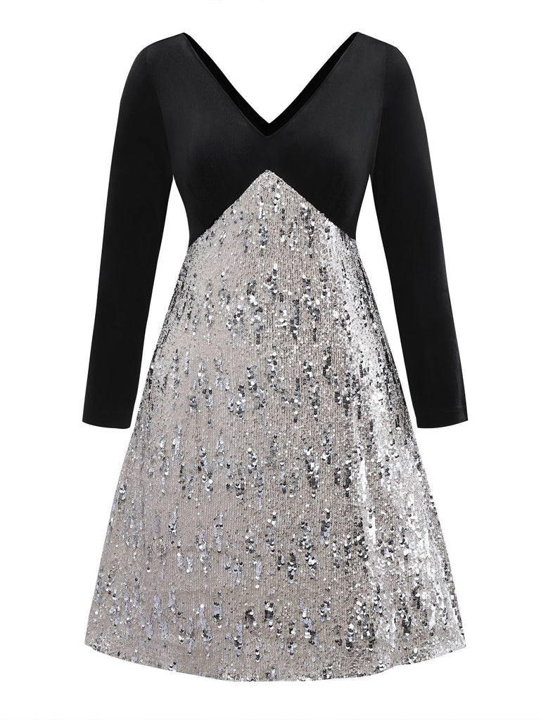 [Prévente] [Grande taille] Robe à paillettes en velours col en V noire des années 50