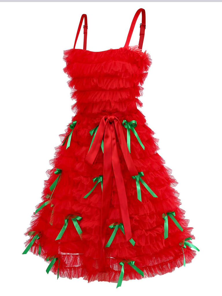 [Prévente] Robe de Noël rouge à volants en tulle et nœud et ruban années 80