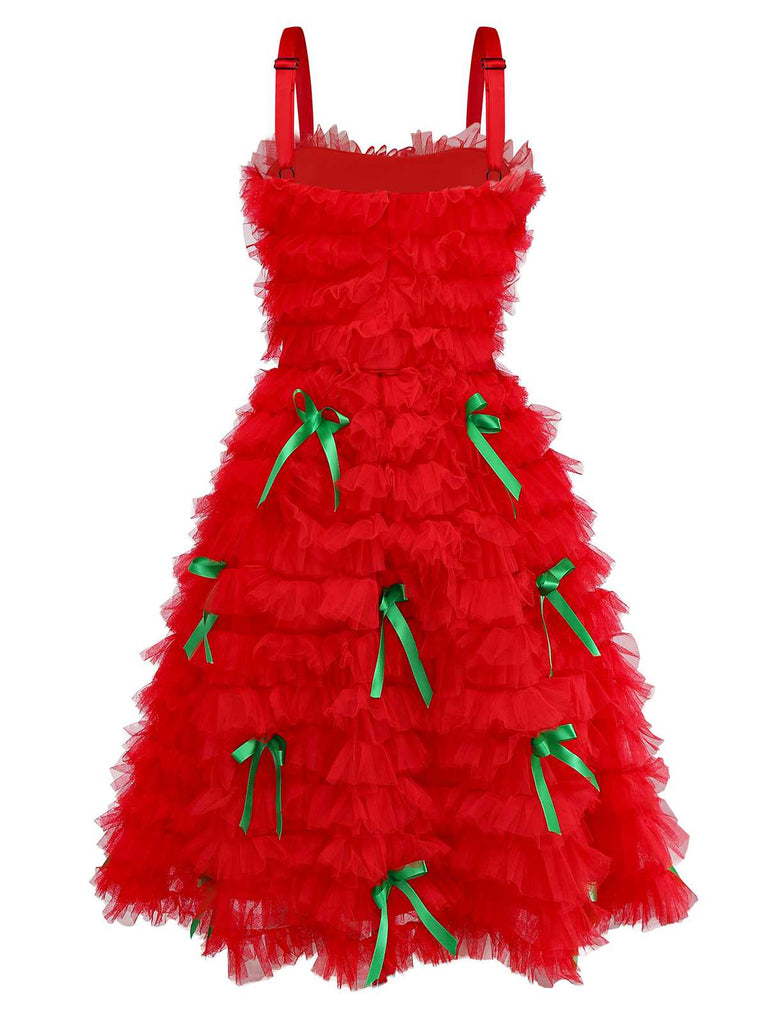 [Prévente] Robe de Noël rouge à volants en tulle et nœud et ruban années 80