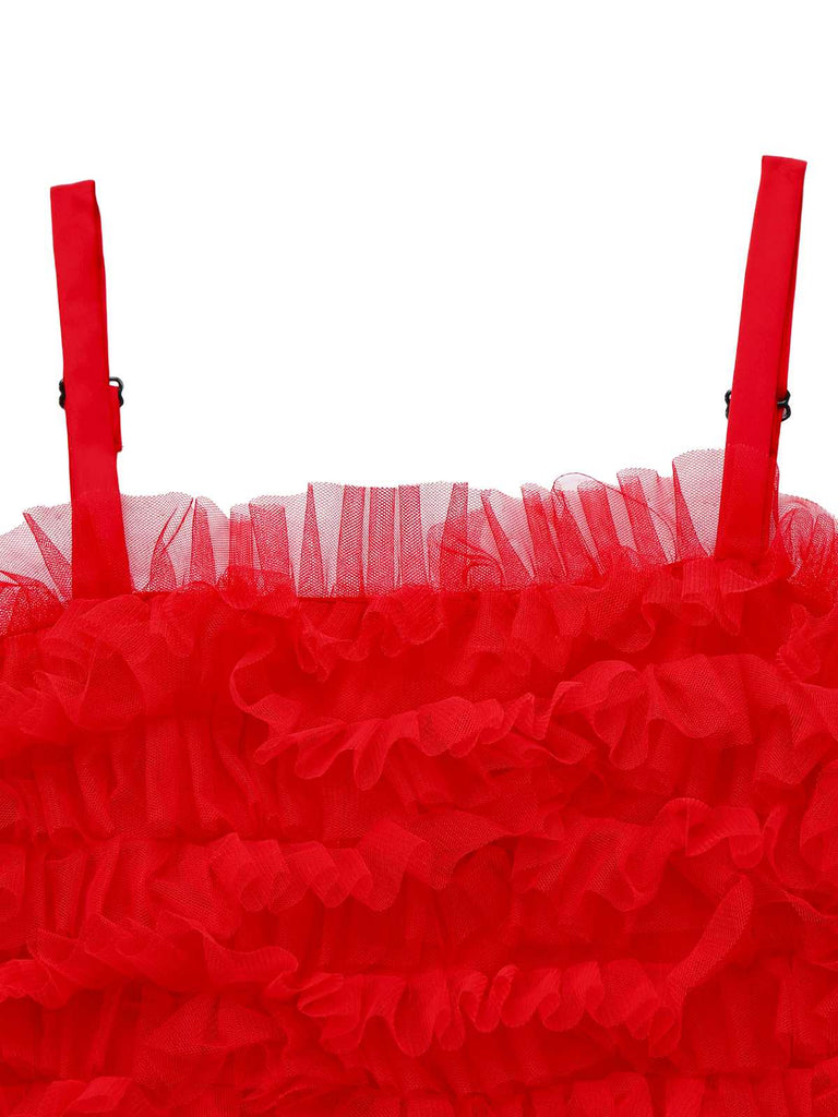 [Prévente] Robe de Noël rouge à volants en tulle et nœud et ruban années 80