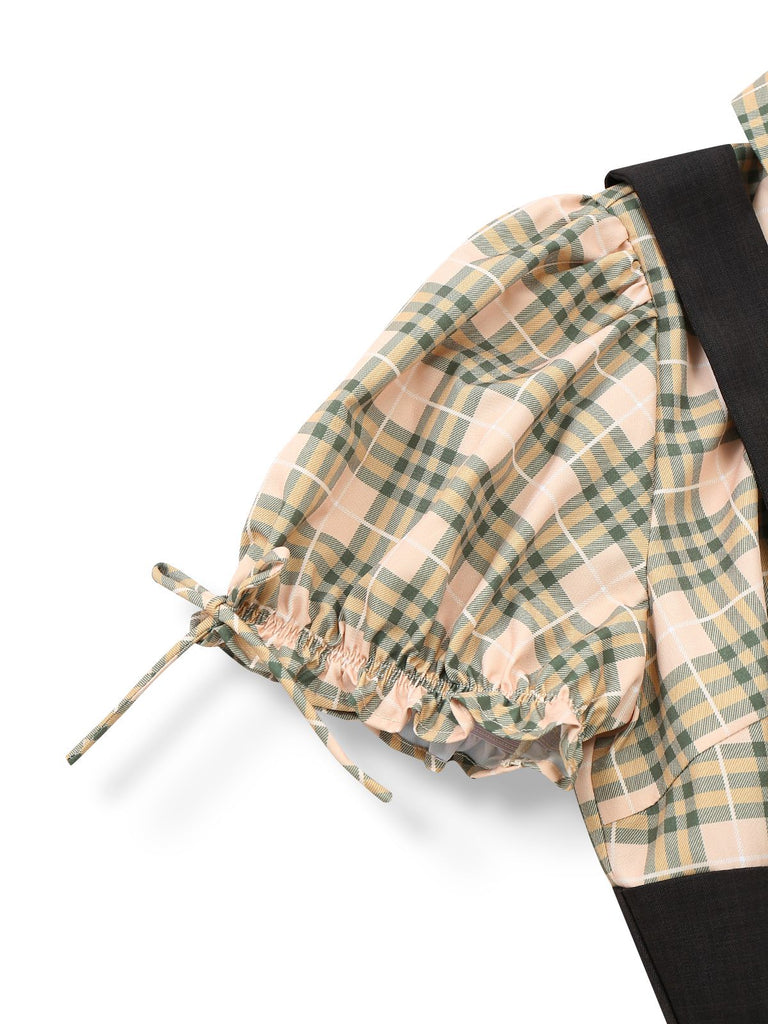 [Prévente] Combinaison à carreaux boutonnée jaune avec nœud années 40