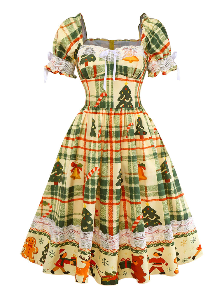 [Pré-vente] Robe patchwork multicolore en dentelle et tartan de Noël des années 1950