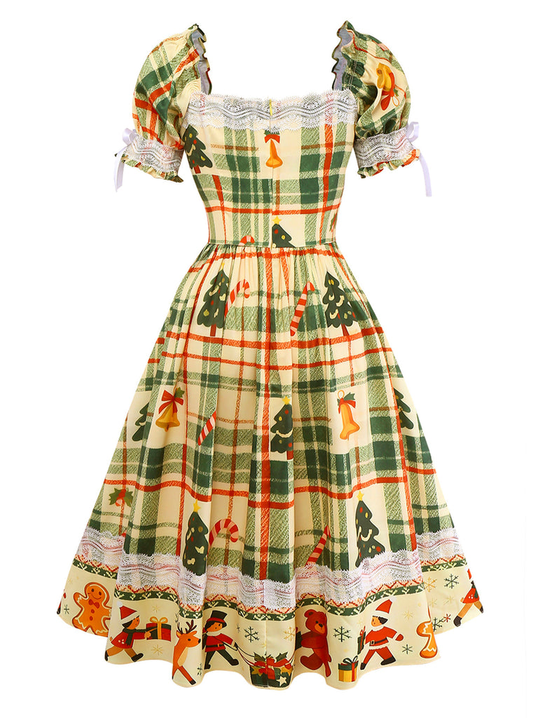 [Pré-vente] Robe patchwork multicolore en dentelle et tartan de Noël des années 1950