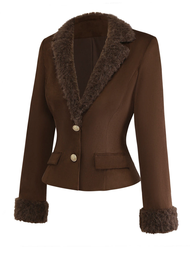 [Prévente] Veste à revers en fausse fourrure et daim marron foncé années 1960