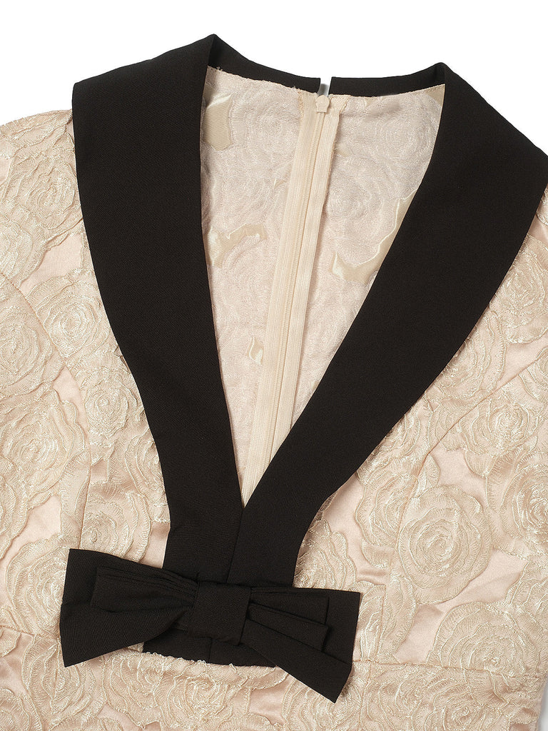 Robe champagne rose jacquard à col en V et nœud années 1930