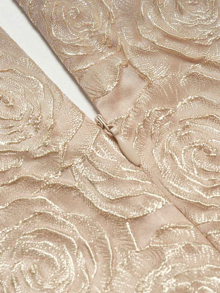 Robe champagne rose jacquard à col en V et nœud années 1930