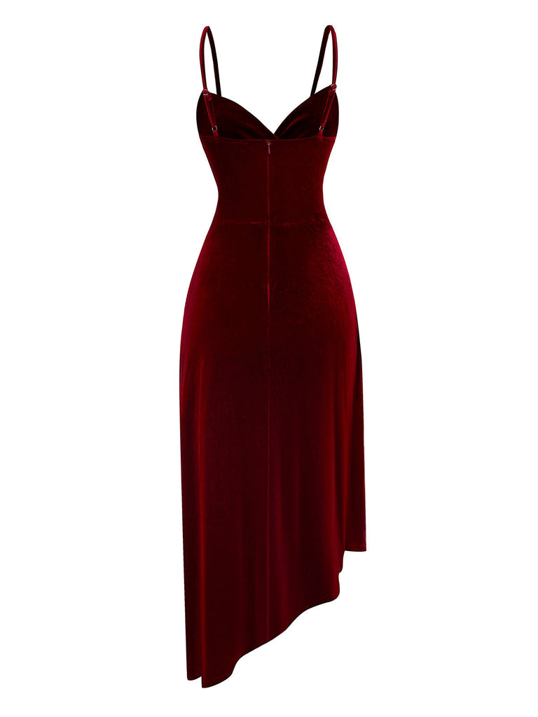 Robe en velours rouge bordeaux à ourlet volanté années 1930