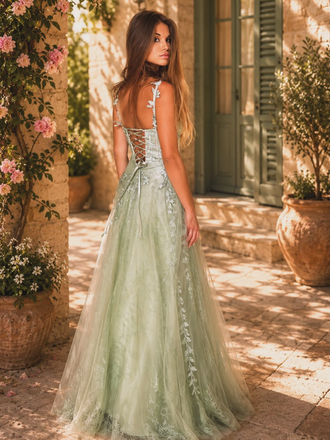 Robe longue verte tulle dentelle bretelles fines 1930s