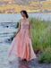Robe longue rose tulle dentelle fines bretelles 1930s