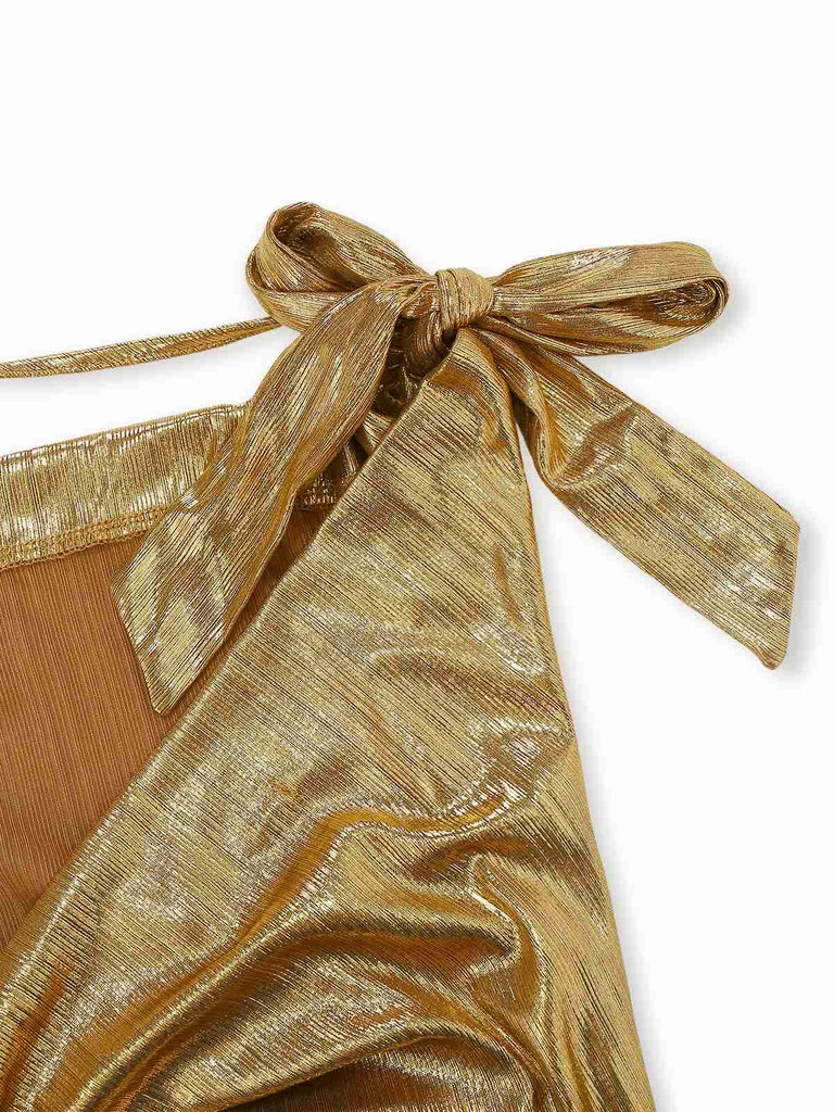 Robe col bénitier et nœud papillon à lacets métallisé doré des années 1930