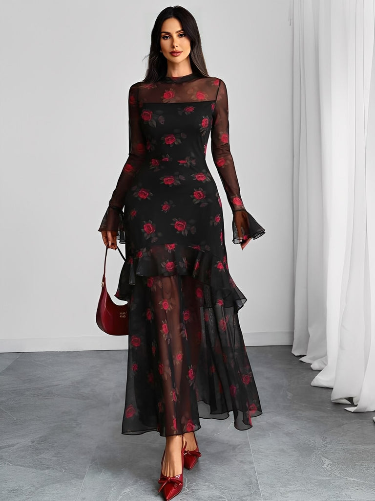 Robe longue noire fleurie à volants en maille années 1930