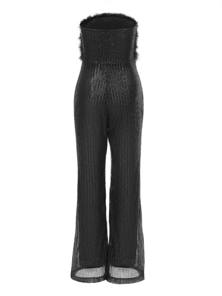 Combinaison bustier en patchwork de plumes et paillettes des années 1950