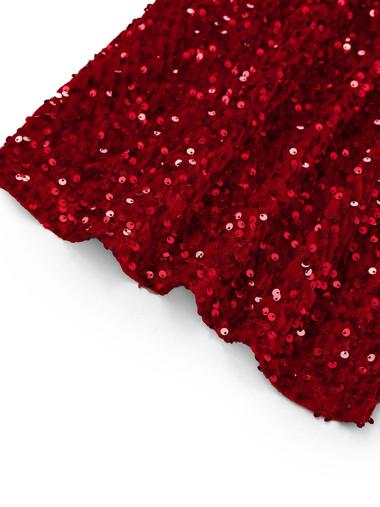 Robe moulante rouge à paillettes une épaule et fente des années 1930