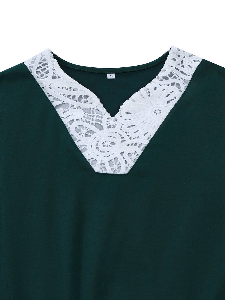 Robe à carreaux patchwork de dentelle et col en V verts des années 1930