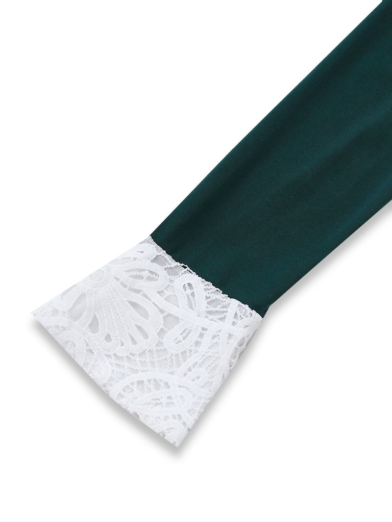 Robe à carreaux patchwork de dentelle et col en V verts des années 1930