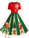 Robe trapèze rouge et verte motif flocon de neige des années 1950