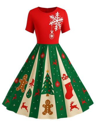 Robe trapèze rouge et verte motif flocon de neige des années 1950