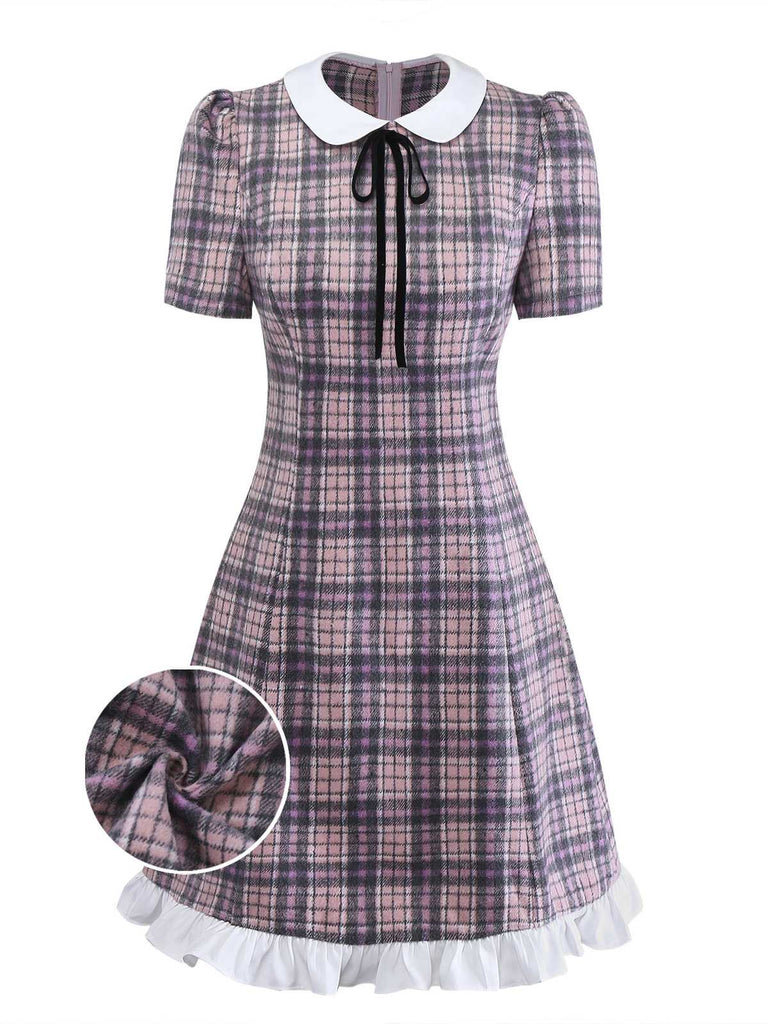 [Prévente] Robe rose à carreaux col Claudine ourlet à volants style années 60