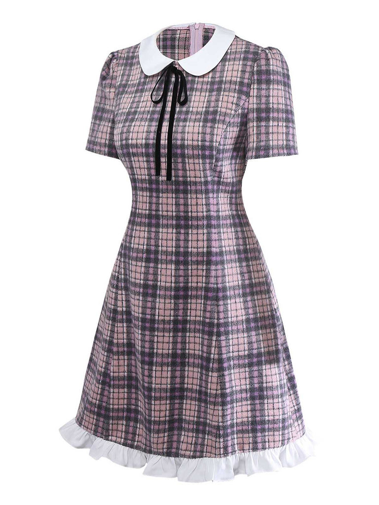 [Prévente] Robe rose à carreaux col Claudine ourlet à volants style années 60