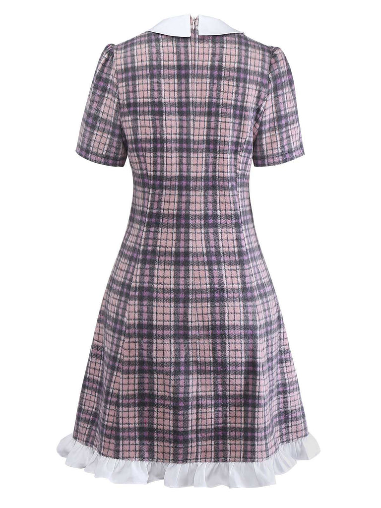[Prévente] Robe rose à carreaux col Claudine ourlet à volants style années 60