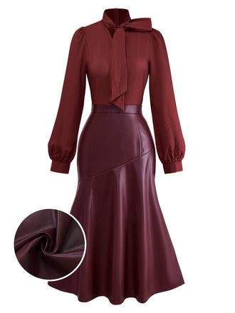 [Prévente] Robe rouge bordeaux col à nœud et patchwork en cuir années 1940