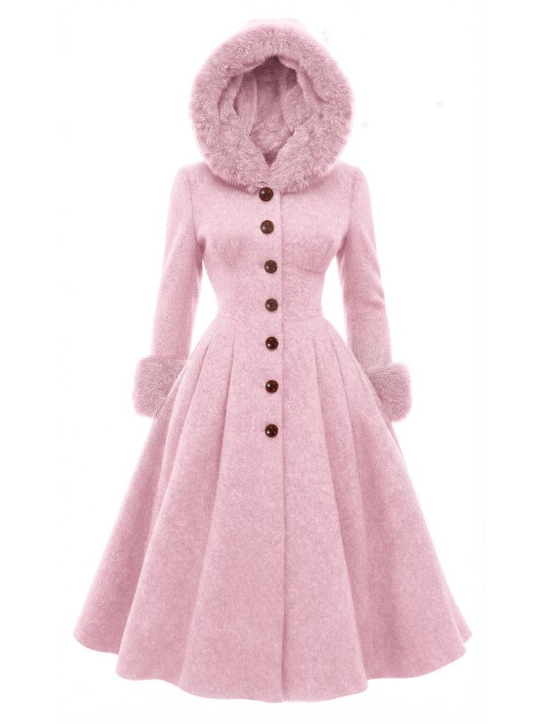 Manteau rose à capuche boutonné en fausse laine années 1950