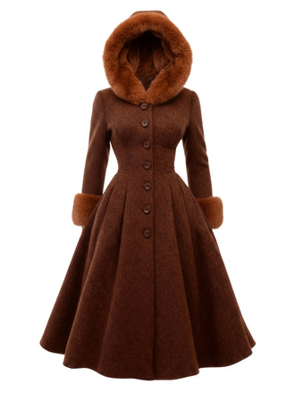 [Prévente] Manteau marron à capuche boutonné en fausse laine années 1950