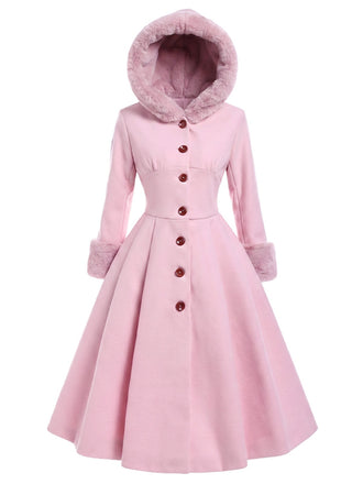 Manteau rose à capuche boutonné en fausse laine années 1950