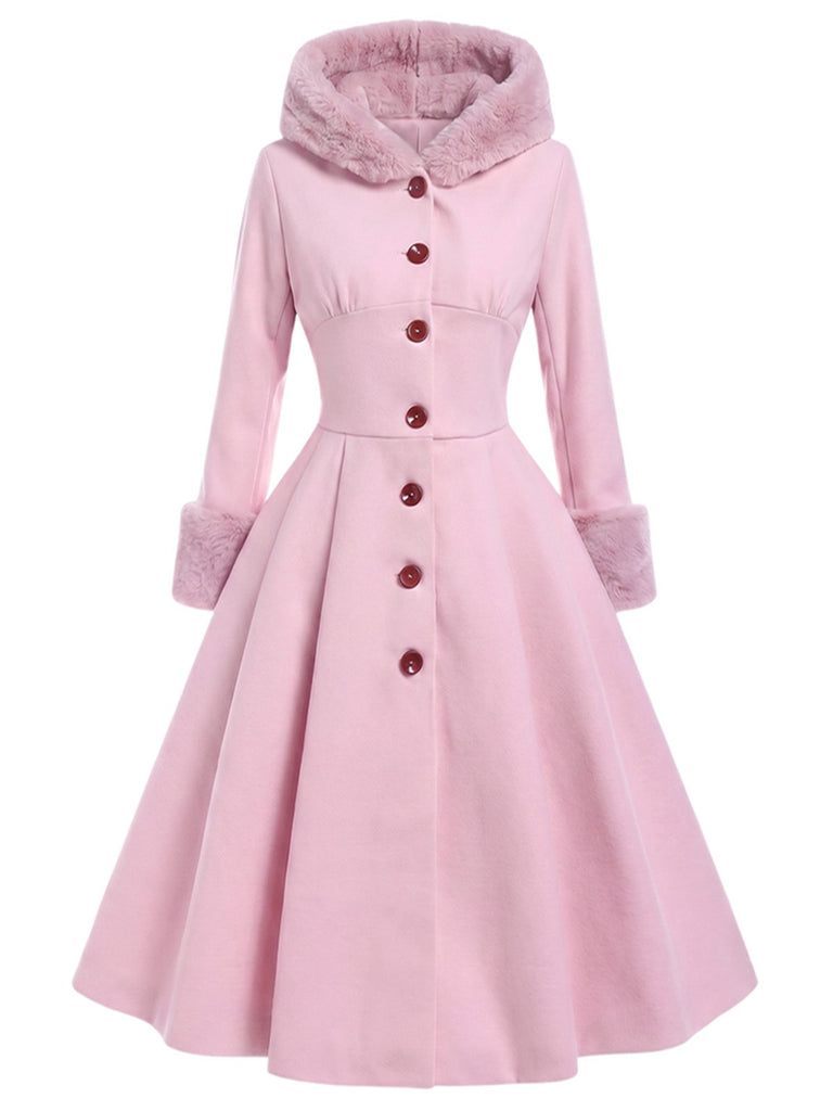 Manteau rose à capuche boutonné en fausse laine années 1950