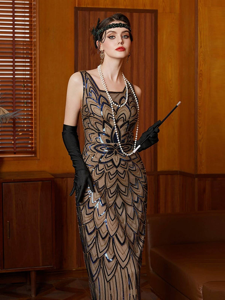 Robe noire à fleurs et paillettes avec ourlet irrégulier des années 1920