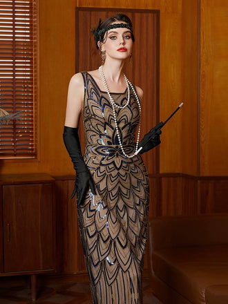 Robe noire à fleurs et paillettes avec ourlet irrégulier des années 1920